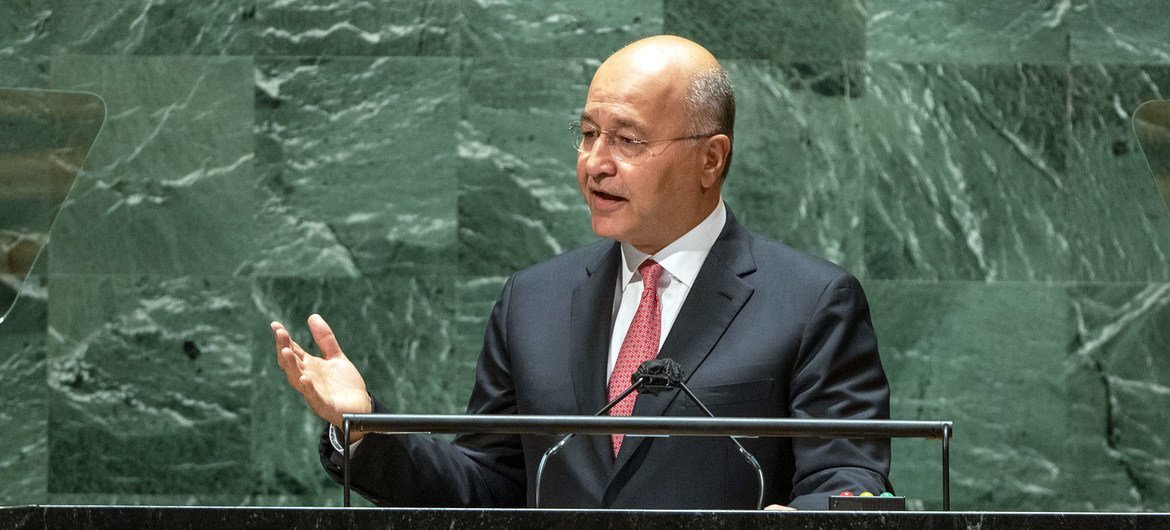 President Barham Salih of Iraq addresses the general debate of the UN General Assembly’s 76th session. President Barham Salih of Iraq addresses the general debate of the UN General Assembly’s 76th session.