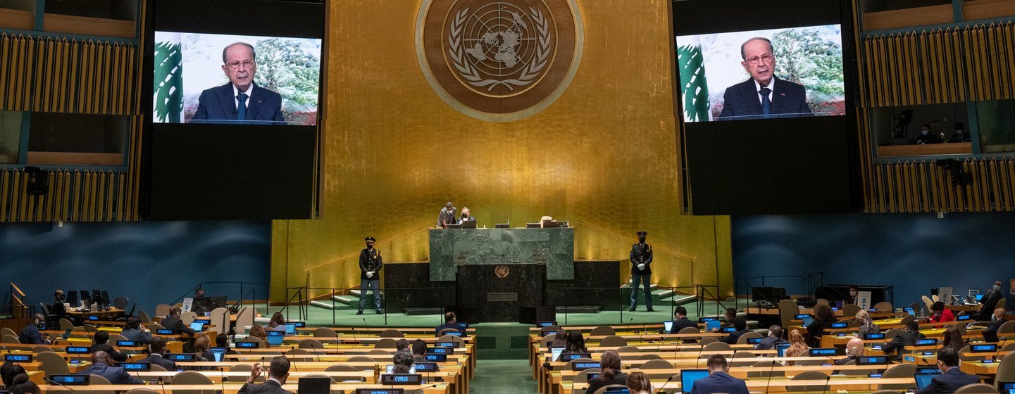 President Michel Aoun (on screens) of Lebanon addresses the general debate of the UN General Assembly’s 76th session. President Michel Aoun (on screens) of Lebanon addresses the general debate of the UN General Assembly’s 76th session.
