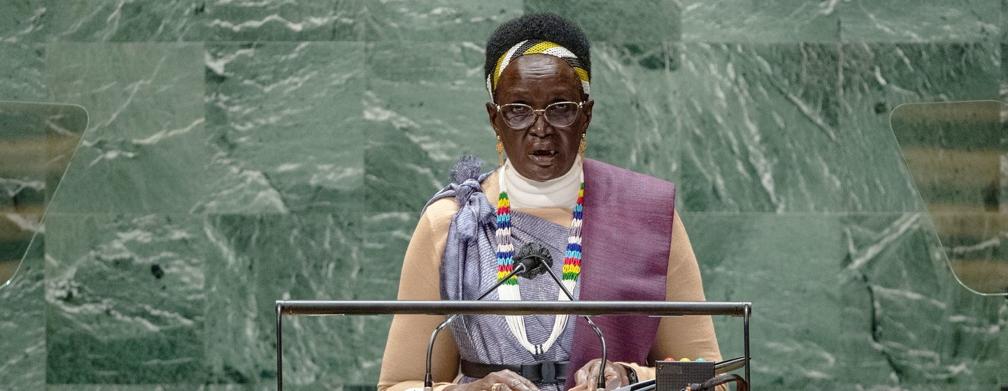 Rebecca Nyandeng De Mabior, Vice-President of the Republic of South Sudan, addresses the general debate of the UN General Assembly’s 76th session. Rebecca Nyandeng De Mabior, Vice-President of the Republic of South Sudan, addresses the general debate of the UN General Assembly’s 76th session.