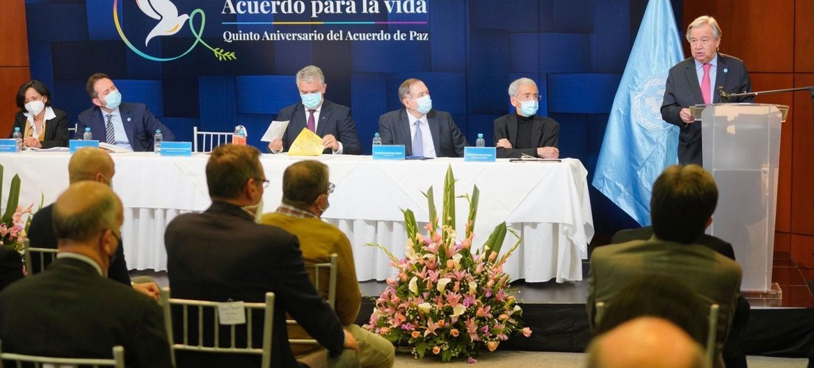UN Secretary General António Guterres delivers his speech at the Special Justice for Peace event in Colombia. UN Secretary General António Guterres delivers his speech at the Special Justice for Peace event in Colombia.