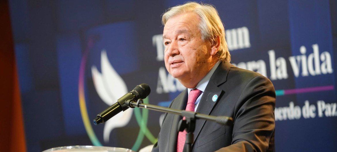 UN Secretary General António Guterres delivers his speech at the Special Justice for Peace event in Colombia. UN Secretary General António Guterres delivers his speech at the Special Justice for Peace event in Colombia.