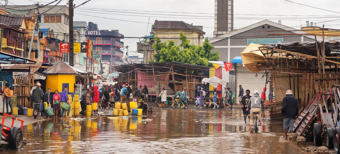 A road flooded with rain water in Antananarivo, Madagascar. A road flooded with rain water in Antananarivo, Madagascar.