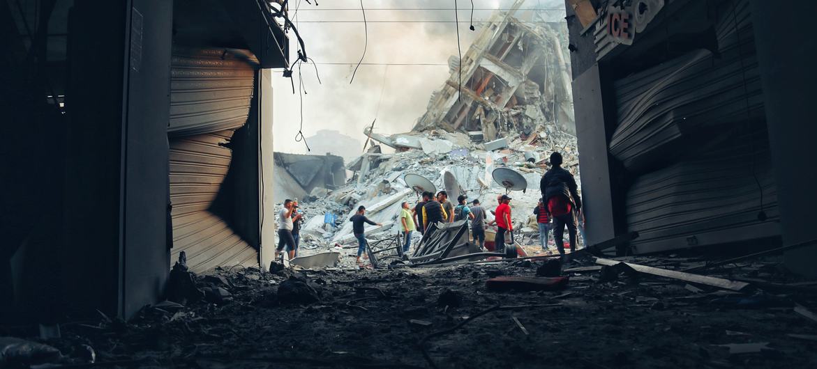 Collapsed buildings following Israeli air strikes in Gaza, Palestine. Collapsed buildings following Israeli air strikes in Gaza, Palestine.