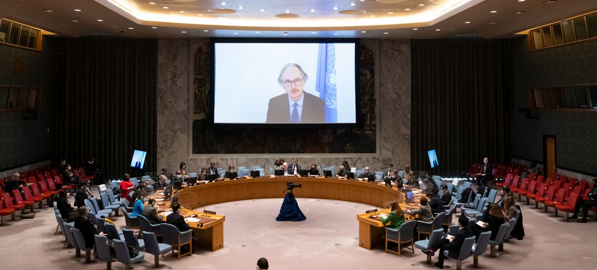Geir Pedersen (on screen), Special Envoy of the Secretary-General for Syria briefs UN Security Council members on the situation in Syria. Geir Pedersen (on screen), Special Envoy of the Secretary-General for Syria briefs UN Security Council members on the situation in Syria.