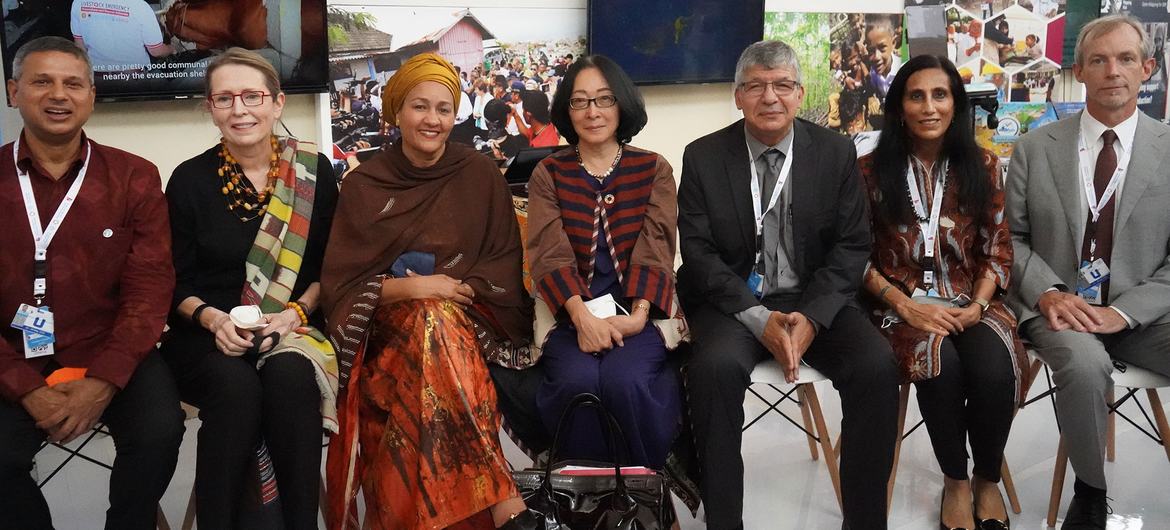 UN Deputy Secretary-General Amina Mohammed (third left) visits the UN in Indonesia booth at the first post-pandemic global disaster summit in Bali. UN Deputy Secretary-General Amina Mohammed (third left) visits the UN in Indonesia booth at the first post-pandemic global disaster summit in Bali.