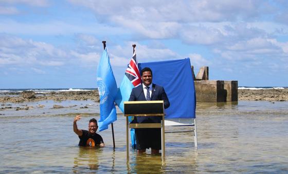 In a pre-recorded video for the UN Climate Conference, COP26, Tuvaluan politician Simon Kofe delivered remarks in knee-deep water as a graphic demonstration of how climate change is impacting his country. In a pre-recorded video for the UN Climate Conference, COP26, Tuvaluan politician Simon Kofe delivered remarks in knee-deep water as a graphic demonstration of how climate change is impacting his country.