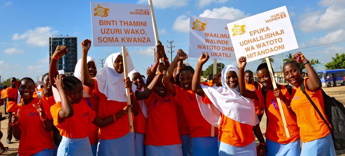 In Dar es Salaam, Tanzania, school girls organize a march against gender violence. In Dar es Salaam, Tanzania, school girls organize a march against gender violence.