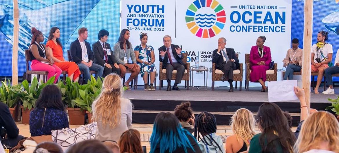 UN Secretary-General Antonio Guterres speaks at the UN Ocean Conference’s Youth and Innovation Forum in Lisbon, Portugal. UN Secretary-General Antonio Guterres speaks at the UN Ocean Conference’s Youth and Innovation Forum in Lisbon, Portugal.