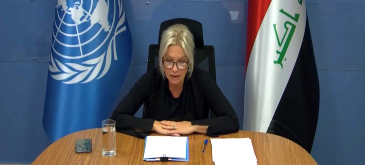 Jeanine Hennis-Plasschaert, Special Representative of the UN Secretary-General for Iraq, addressing the Security Council on Tuesday 26 July 2022. Jeanine Hennis-Plasschaert, Special Representative of the UN Secretary-General for Iraq, addressing the Security Council on Tuesday 26 July 2022.