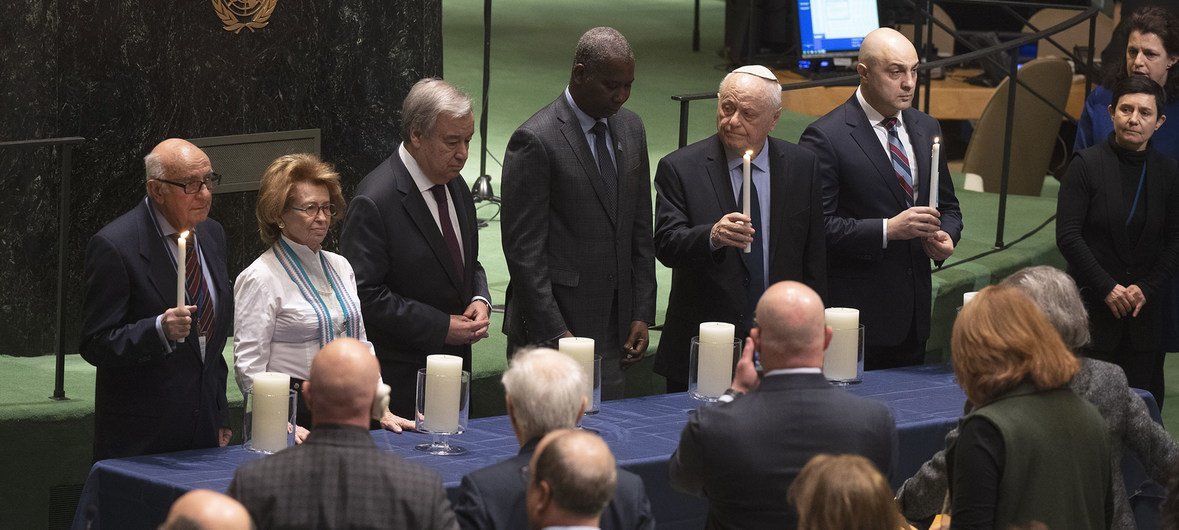 Secretary-General António Guterres (3rd left) poses for a group photo in 2020 on the occasion of the International Day of Commemoration in Memory of the Victims of the Holocaust. Secretary-General António Guterres (3rd left) poses for a group photo in 2020 on the occasion of the International Day of Commemoration in Memory of the Victims of the Holocaust.