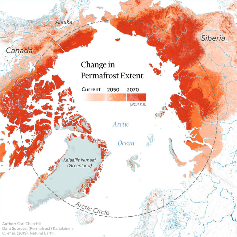 Change in permafrost extent map. Change in permafrost extent map.
