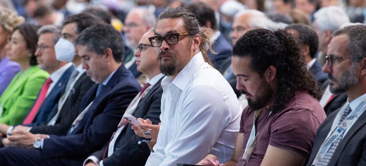 Actor and ocean advocate Jason Momoa (centre) attends the opening ceremony of the UN Ocean Conference 2022 in Lisbon, Portugal. Actor and ocean advocate Jason Momoa (centre) attends the opening ceremony of the UN Ocean Conference 2022 in Lisbon, Portugal.