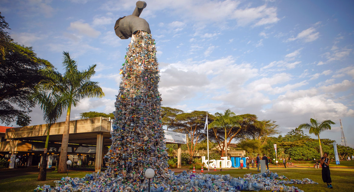 A 30-foot high monument entitled 'Turn off the plastics tap' by Canadian activist and artist Benjamin von Wong stands outside the venue for the UN Environment Assembly taking place in Nairobi, Kenya. A 30-foot high monument entitled 'Turn off the plastics tap' by Canadian activist and artist Benjamin von Wong stands outside the venue for the UN Environment Assembly taking place in Nairobi, Kenya.