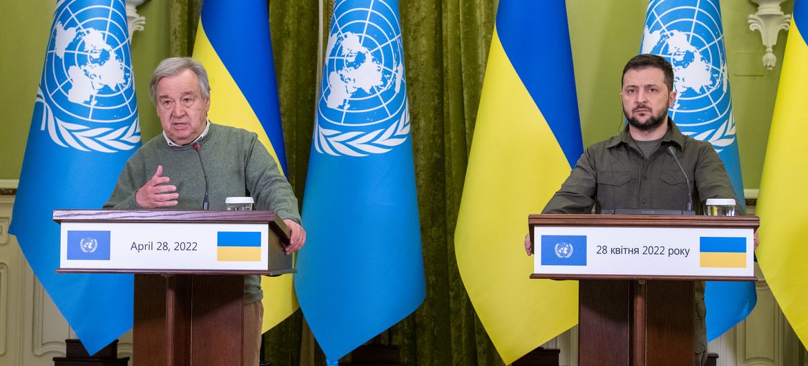 UN Secretary General António Guterres (left) addresses the media alongside President Volodymyr Zelenskyy of Ukraine. UN Secretary General António Guterres (left) addresses the media alongside President Volodymyr Zelenskyy of Ukraine.