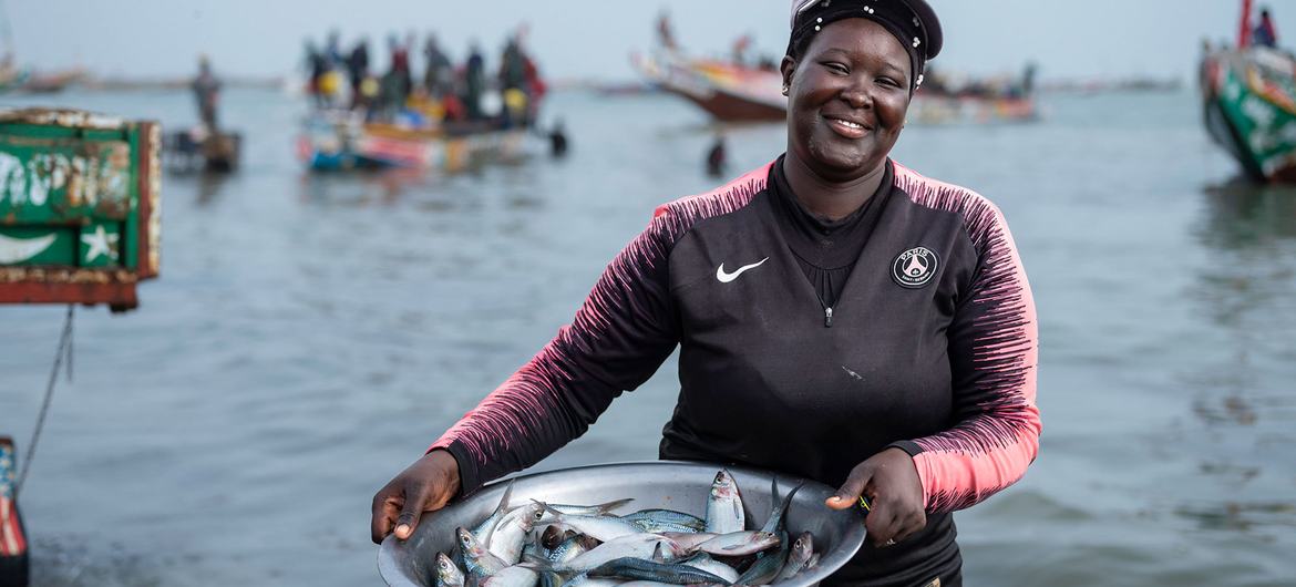 Senegal'deki Joal limanında yakaladığı balığı satmak için yola çıkan balıkçı.