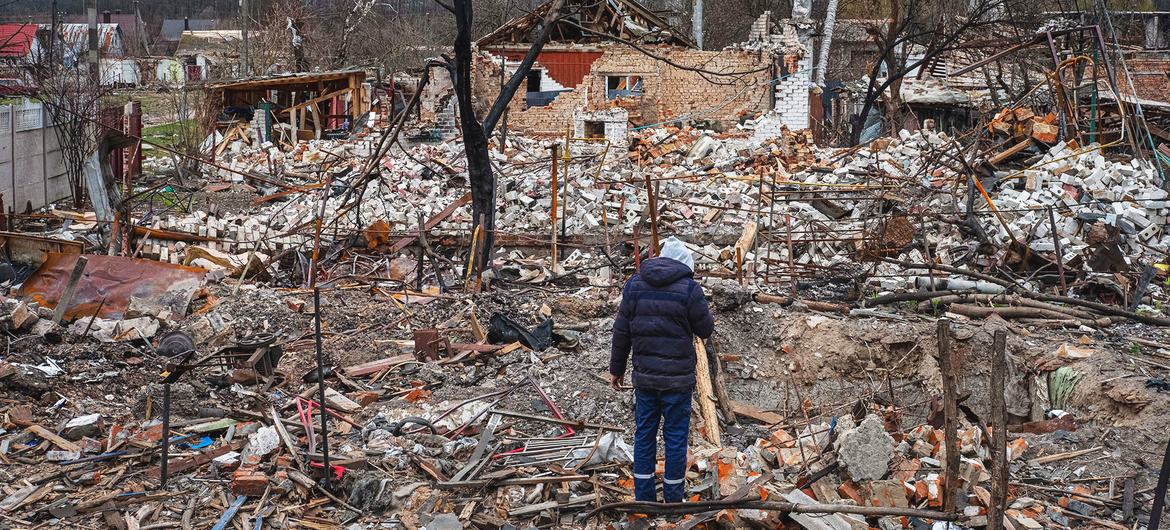 Houses destroyed by conflict in Novoselivka, Ukraine's Chernihiv suburb.