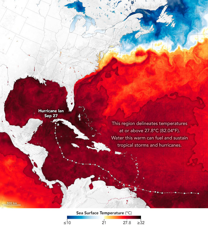 The map shows sea surface temperatures (SSTs) measured on September 26 by a combination of satellite and ocean instruments and processed by NASA scientists.