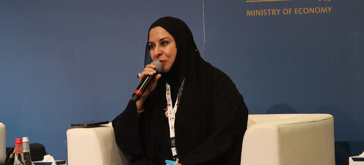 Farida Al Awadhi, President of the United Arab Emirates Women Entrepreneurs Council speaks at the Discussion Panel on Elevating Women's Entrepreneurship at the World Entrepreneurial Investment Forum in Dubai, UAE.