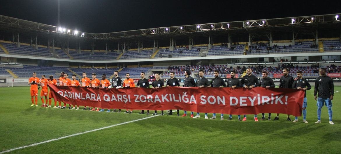 Neftchi FC played one of its league matches in orange jerseys featuring the slogan “Stop violence against women”. 26 November 2021. Neftchi FC played one of its league matches in orange jerseys featuring the slogan “Stop violence against women”. 26 November 2021.