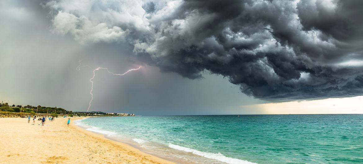 A storm gathers over a beach in Barcelona, Spain. A storm gathers over a beach in Barcelona, Spain.
