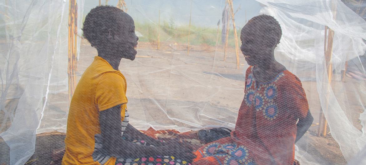 Young girls chat while sitting under a mosquito net in Bienythiang, South Sudan. Young girls chat while sitting under a mosquito net in Bienythiang, South Sudan.