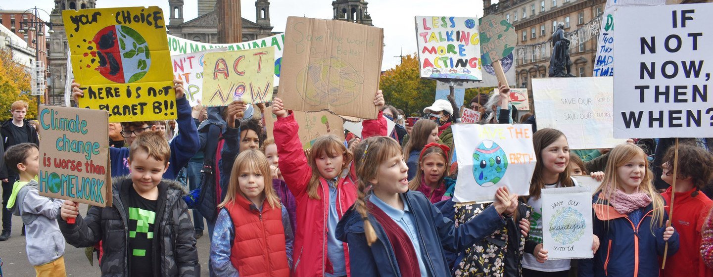 Young climate activists take part in demonstrations at the COP26 Climate Conference in Glasgow, Scotland. Young climate activists take part in demonstrations at the COP26 Climate Conference in Glasgow, Scotland.