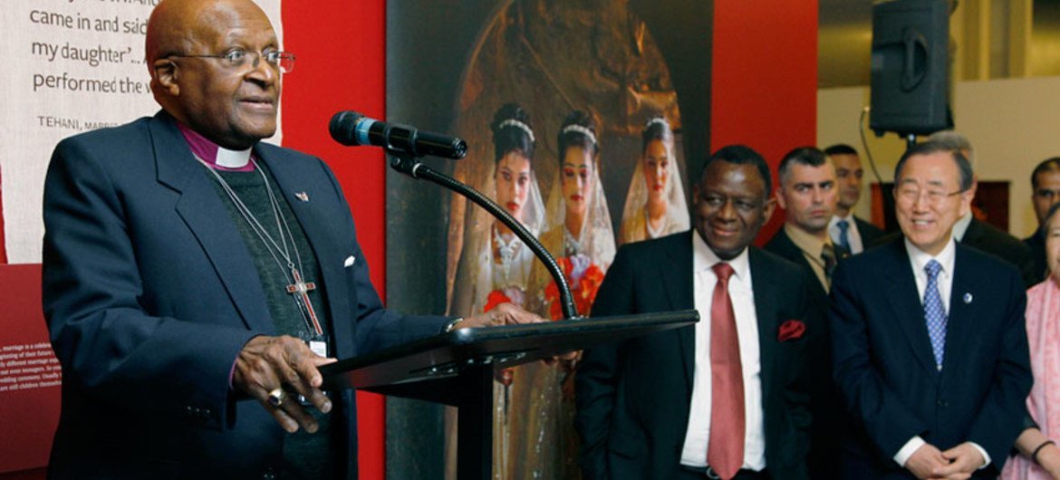 Archbishop Desmond Tutu speaks at the opening of a photo exhibit in New York on the first-ever International Day of the Girl Child. Archbishop Desmond Tutu speaks at the opening of a photo exhibit in New York on the first-ever International Day of the Girl Child.