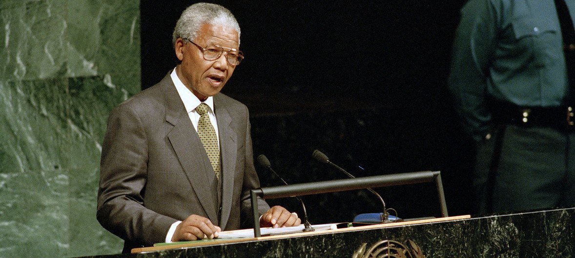 President Nelson Mandela addresses the 49th session of the General Assembly October 1994. President Nelson Mandela addresses the 49th session of the General Assembly October 1994.