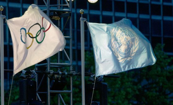 The United Nations and the Olympic flags raised at UN Headquarters. (file) The United Nations and the Olympic flags raised at UN Headquarters. (file)