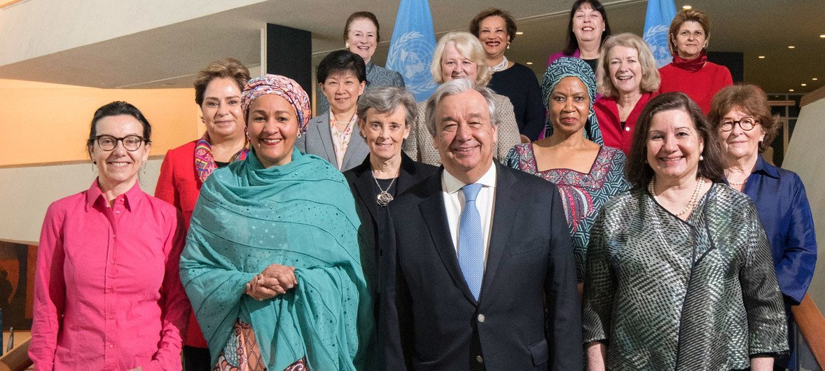 Secretary-General António Guterres (2nd right, front) with women who comprise part of his leadership team of which has achieved gender balance within the Senior Management Group. Secretary-General António Guterres (2nd right, front) with women who comprise part of his leadership team of which has achieved gender balance within the Senior Management Group.
