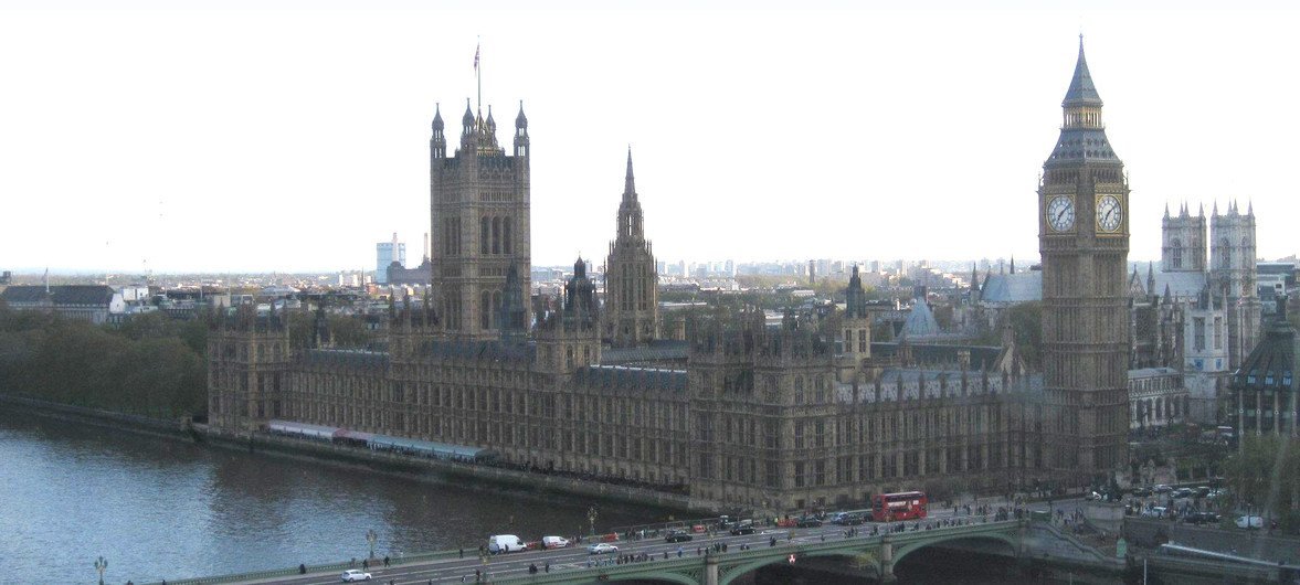 The Palace of Westminster and central London, as seen from across the River Thames.