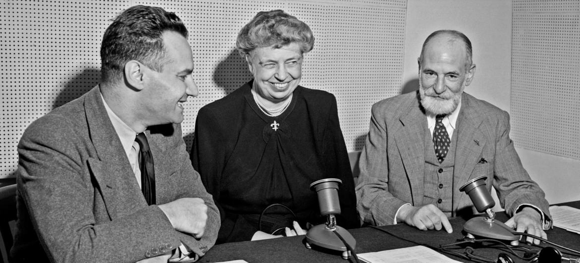 UN Radio Commentator Georges Day (left) of France, Eleanor D. Roosevelt, Chairman of the UN Commission on Human Rights and Professor René Cassin of France, take part in a radio roundtable discussion from Lake Success, New York. UN Radio Commentator Georges Day (left) of France, Eleanor D. Roosevelt, Chairman of the UN Commission on Human Rights and Professor René Cassin of France, take part in a radio roundtable discussion from Lake Success, New York.