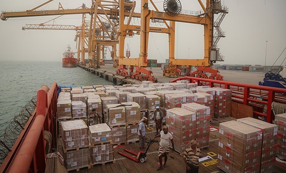 On 30 June 2018 in Yemen, a ship berths in Hudaydah port and emergency humanitarian supplies sent by UNICEF are offloaded. On 30 June 2018 in Yemen, a ship berths in Hudaydah port and emergency humanitarian supplies sent by UNICEF are offloaded.