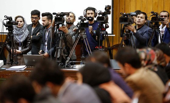 Journalists covering UNAMA’s chief speech at the International Day to End Impunity for Crimes against Journalists, in Kabul, Afghanistan (November 2018). Journalists covering UNAMA’s chief speech at the International Day to End Impunity for Crimes against Journalists, in Kabul, Afghanistan (November 2018).